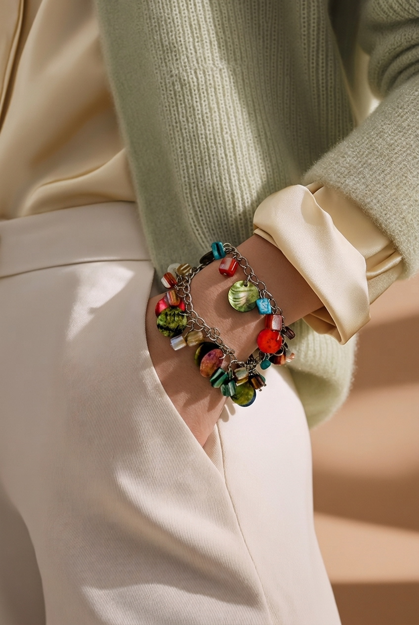 Accessory>Jewelry                                Bracelet w/ metallic charms.
